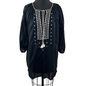 J.CREW Black White Embroidered Cotton Tassel Tie Tunic Cover Up Top Size M